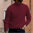 Winter Fine Cable Knit Folded Turtleneck Sweater for Men in Red