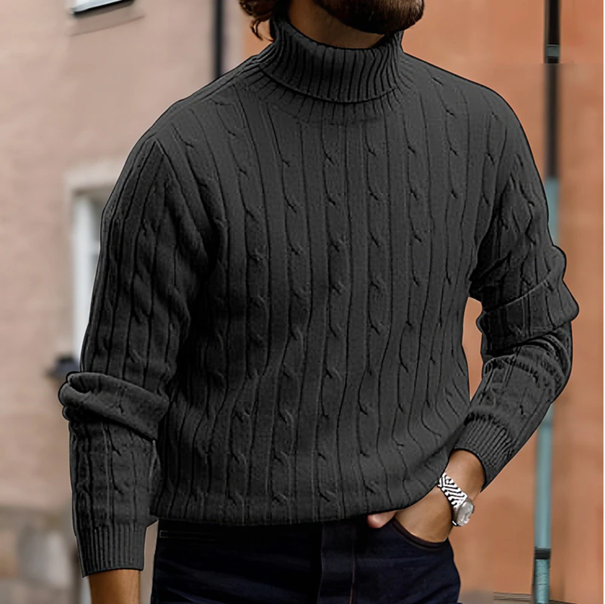 Winter Fine Cable Knit Folded Turtleneck Sweater for Men in Dark Gray