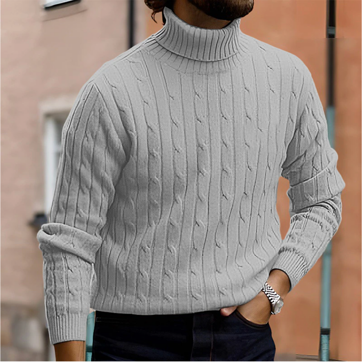 Winter Fine Cable Knit Folded Turtleneck Sweater for Men in Light Gray