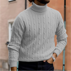 Winter Fine Cable Knit Folded Turtleneck Sweater for Men in Light Gray