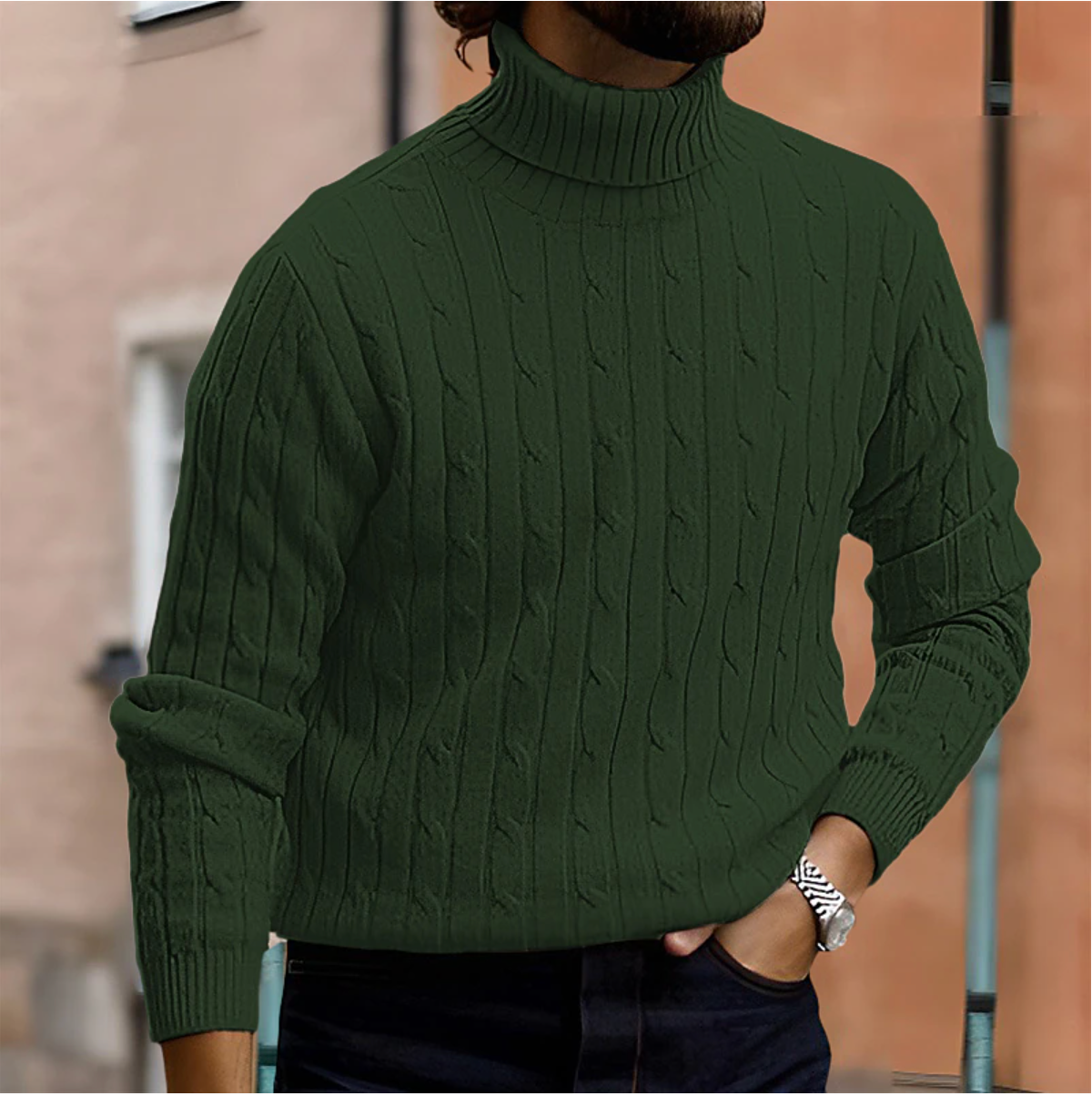 Winter Fine Cable Knit Folded Turtleneck Sweater for Men in Green