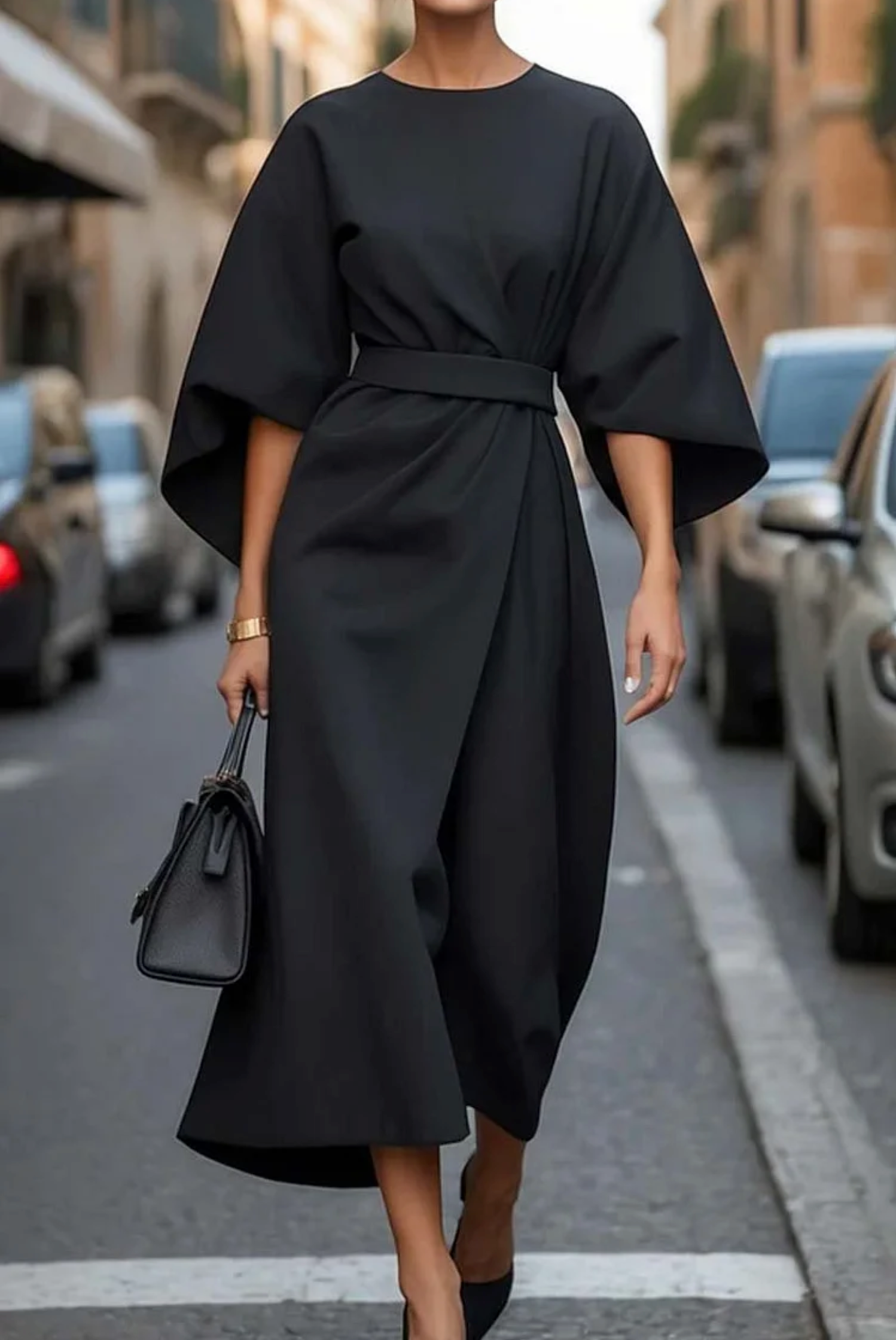 Belted waist lantern sleeve dress, view 1