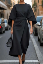 Belted waist lantern sleeve dress in black