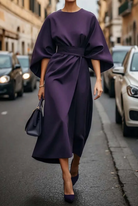 Belted waist lantern sleeve dress in violet