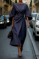 Belted waist lantern sleeve dress in navy blue