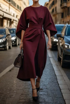 Belted waist lantern sleeve dress in bordeaux