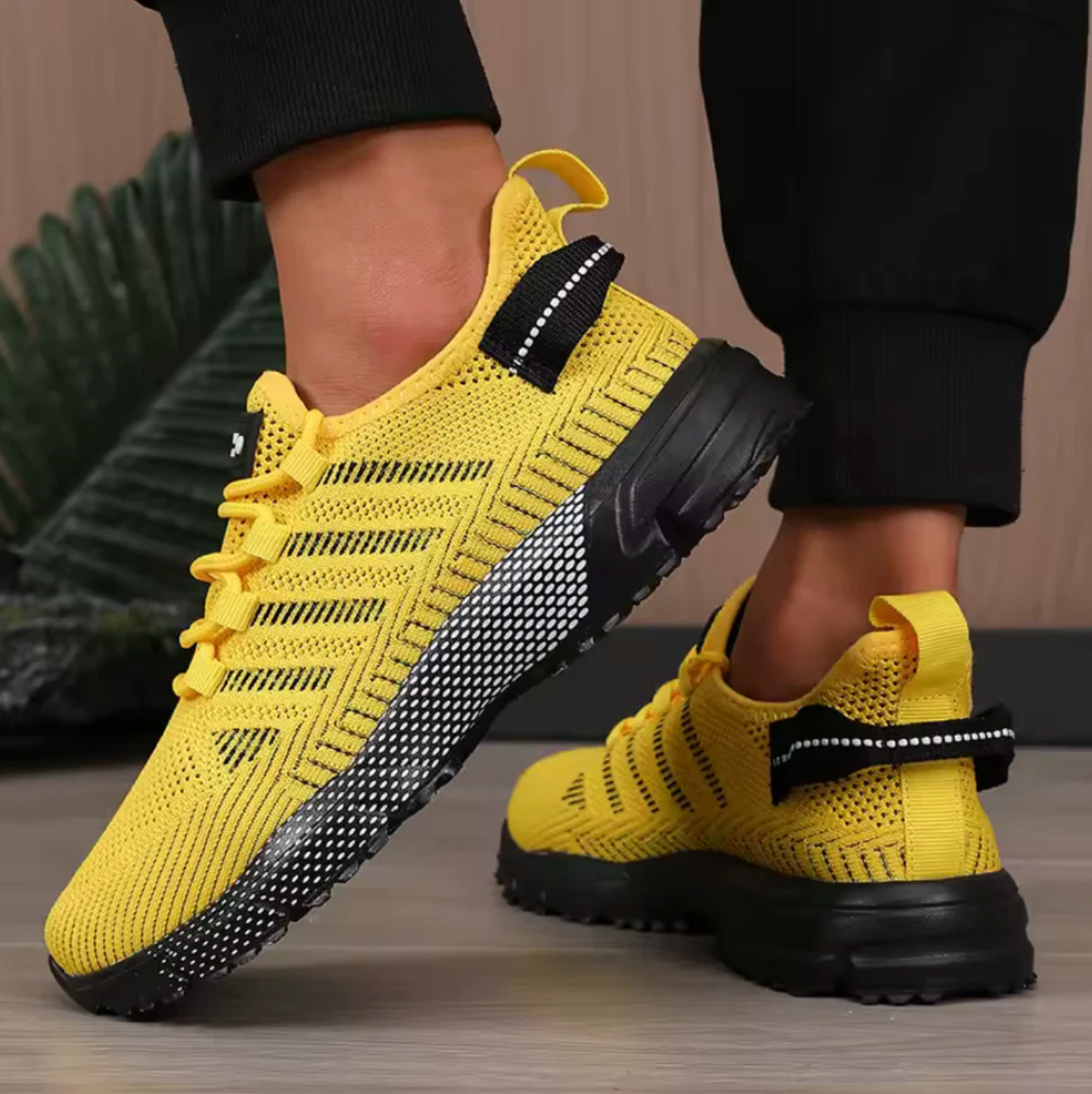 Lightweight Breathable Striped Walking Sneakers for Men in Yellow
