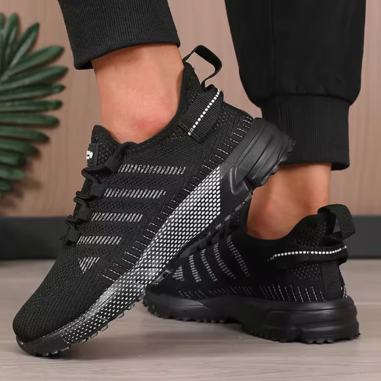 Lightweight Breathable Striped Walking Sneakers for Men in Black
