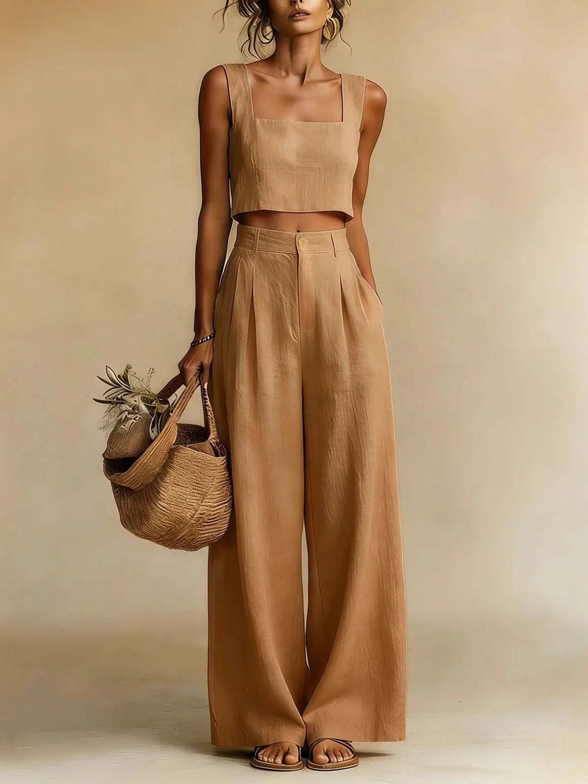 Square neck crop top and palazzo pants set in brown