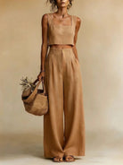 Square neck crop top and palazzo pants set in brown