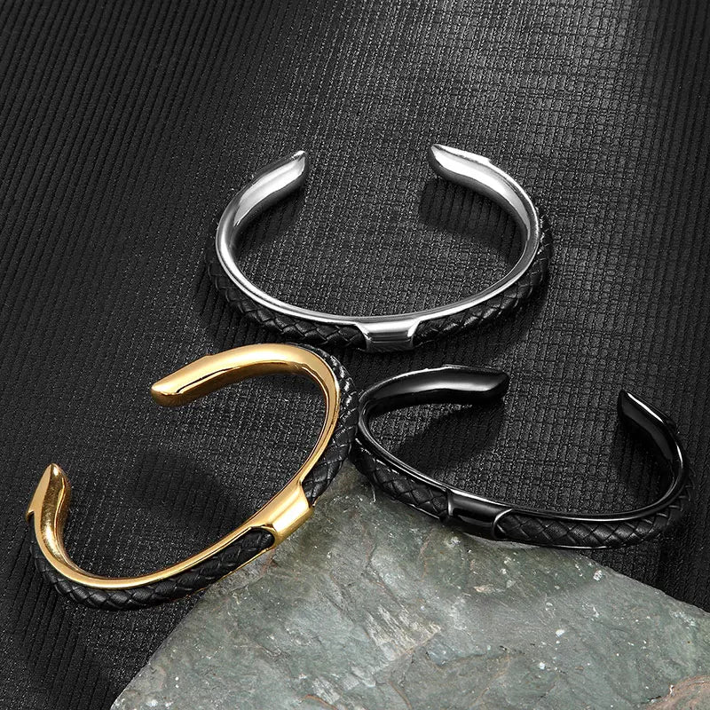 Braided leather and stainless steel cuff bracelet, view 18