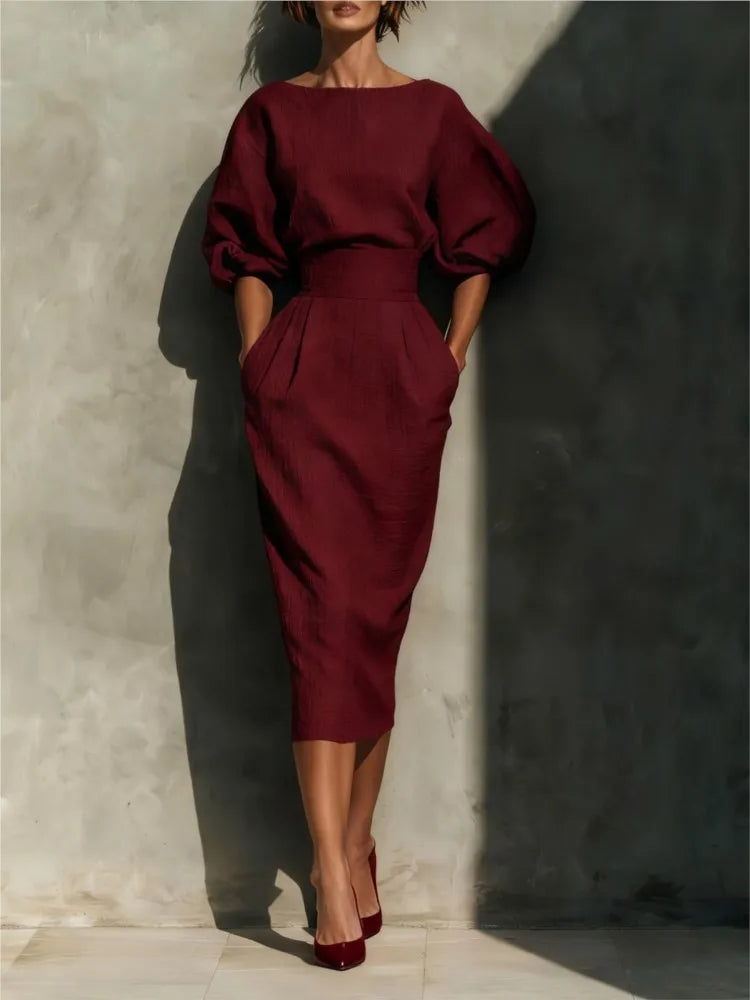 Pleated wrap midi dress with side pockets in red