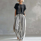 Striped cotton linen top and wide leg pants set in black
