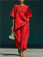 Short sleeve top and cropped wide leg pant set in red