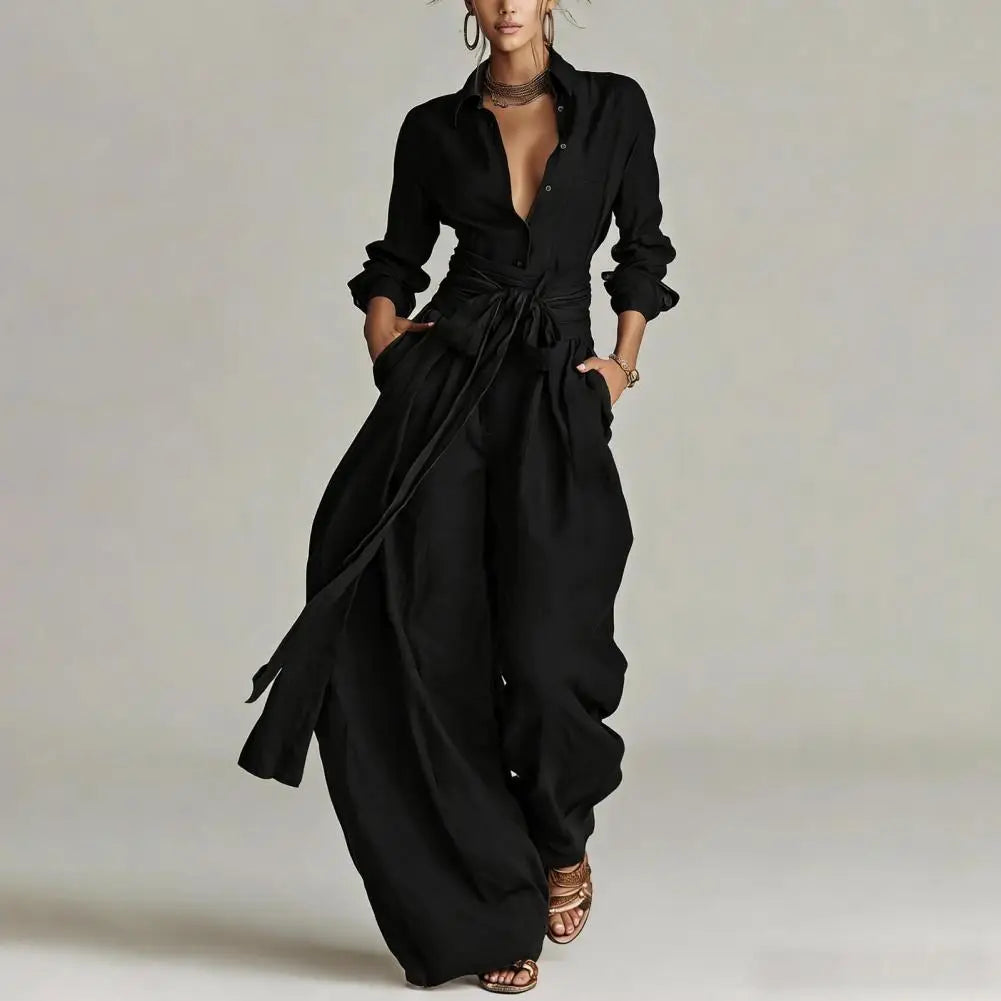 Open collar shirt and high waist wide leg set in black