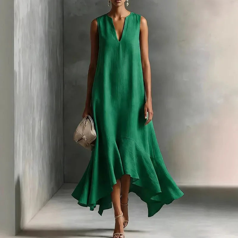 Deep V-neck ruffle hem flowy sundress in green
