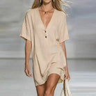 V-neck button cotton linen mini shirt dress in linen