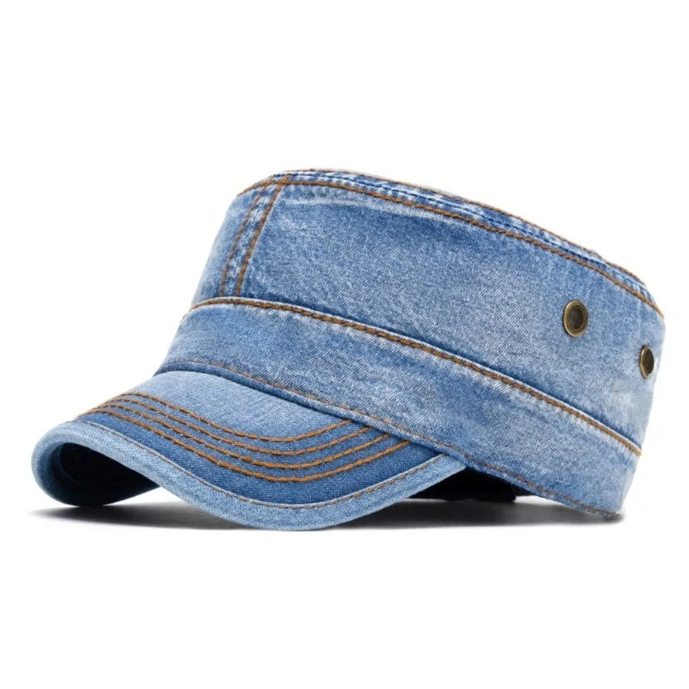 Washed cotton denim military style cap in blue