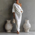 One shoulder textured linen maxi dress in white