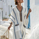 Striped flare sleeve kaftan dress with pockets, view 2