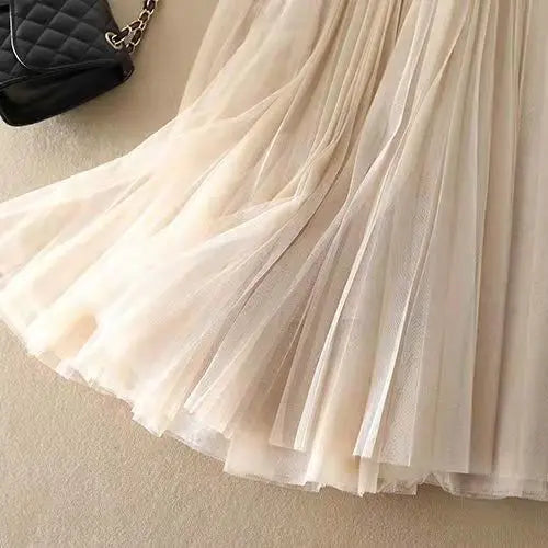 High waist pleated mesh layered midi skirt, view 9