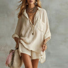 Collared shirt and high waist shorts set in khaki
