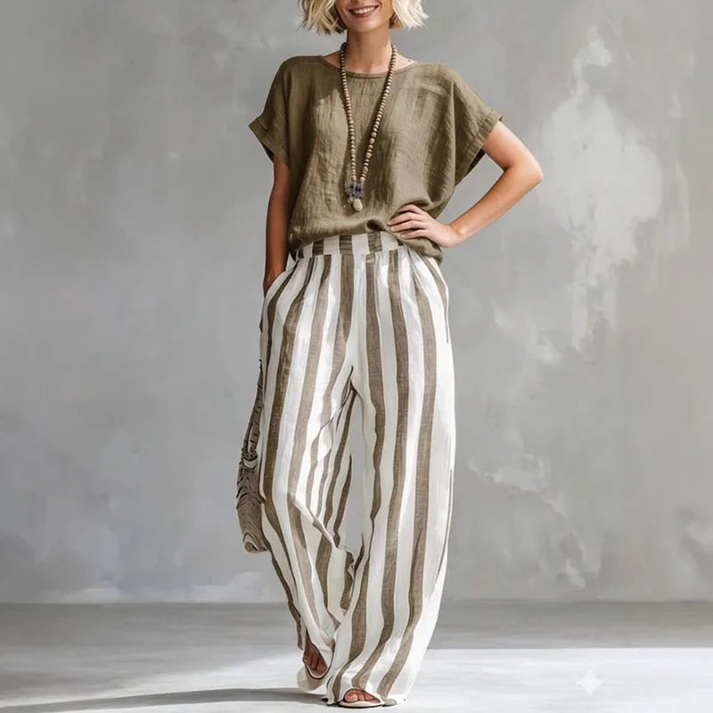 Striped cotton linen top and wide leg pants set in khaki