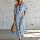 One shoulder striped puff sleeve maxi dress in blue