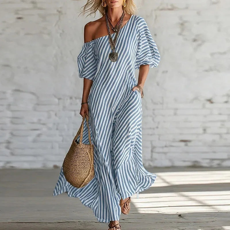 One shoulder striped puff sleeve maxi dress in blue