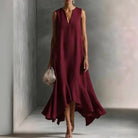 Deep V-neck ruffle hem flowy sundress in wine red