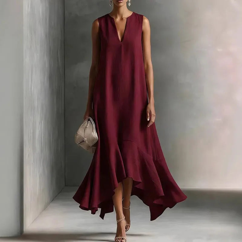 Deep V-neck ruffle hem flowy sundress in wine red