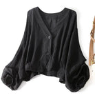 Batwing sleeve cotton linen V-neck blouse in black