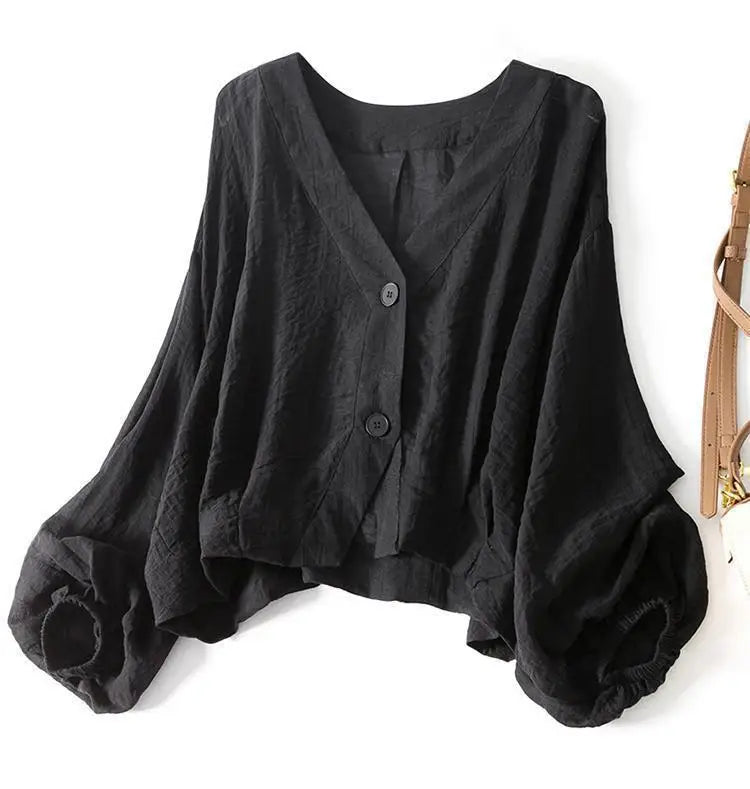 Batwing sleeve cotton linen V-neck blouse in black