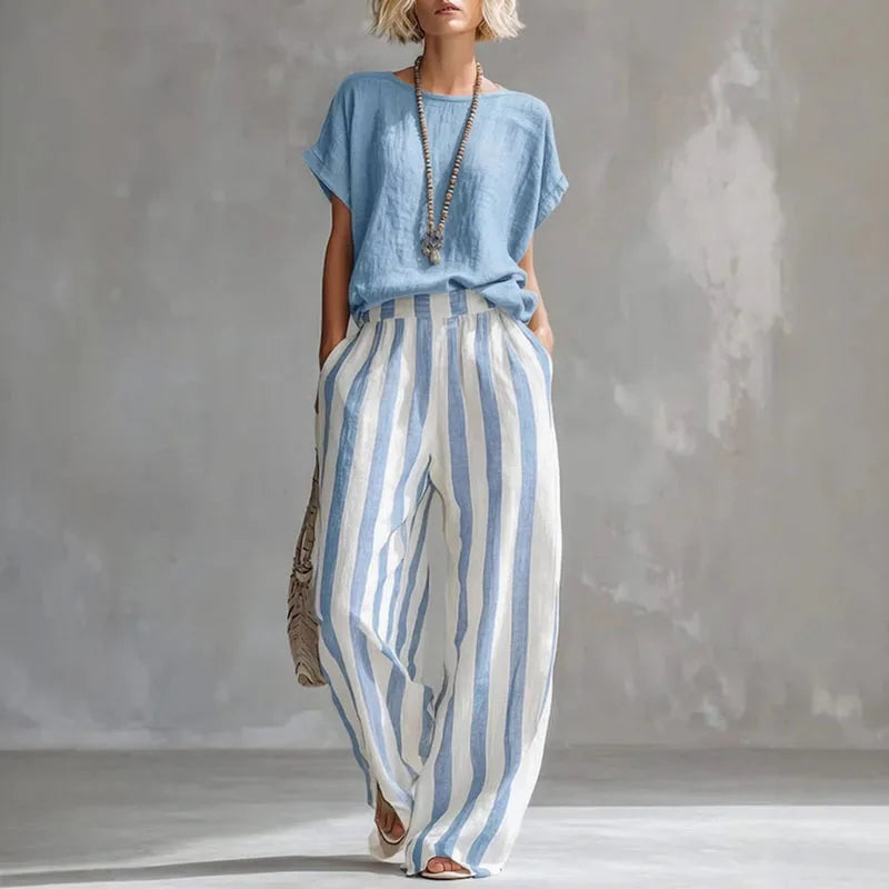 Striped cotton linen top and wide leg pants set in sky blue