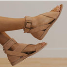 Cross strap toe ring flat sandal in khaki