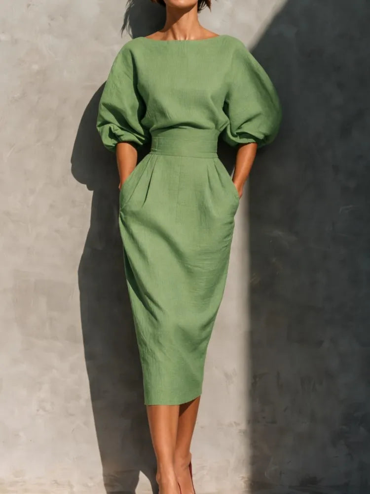 Pleated wrap midi dress with side pockets in green