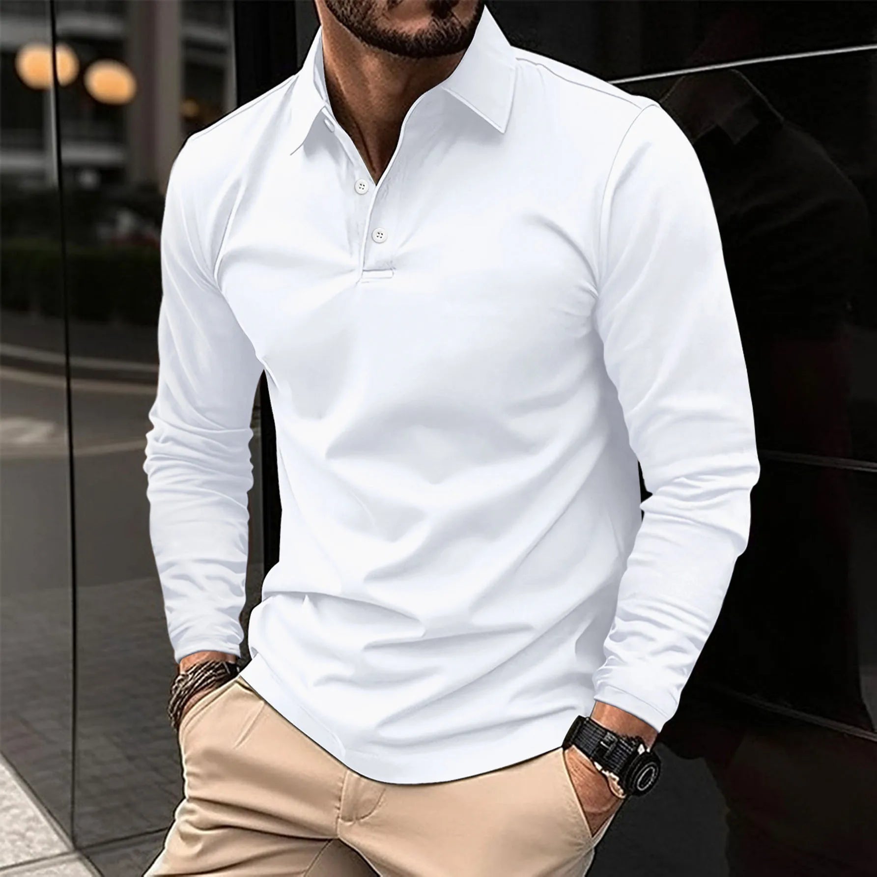 Fall Slim Fit Long Sleeve Button Polo Shirt for Men in White