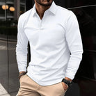 Fall Slim Fit Long Sleeve Button Polo Shirt for Men in White