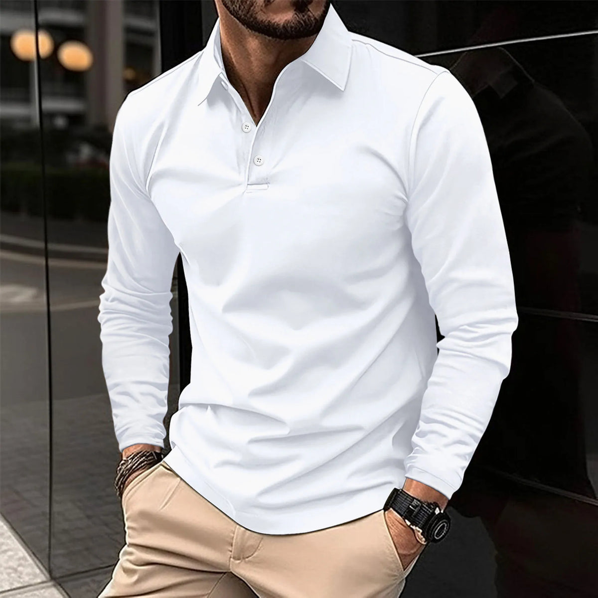 Fall Slim Fit Long Sleeve Button Polo Shirt for Men in White