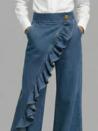 Asymmetrical ruffle detail wide leg jean, view 2
