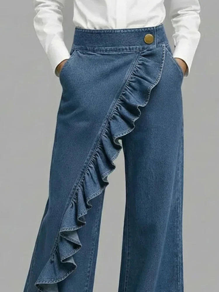 Asymmetrical ruffle detail wide leg jean, view 2