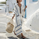 Striped flare sleeve kaftan dress with pockets in blue