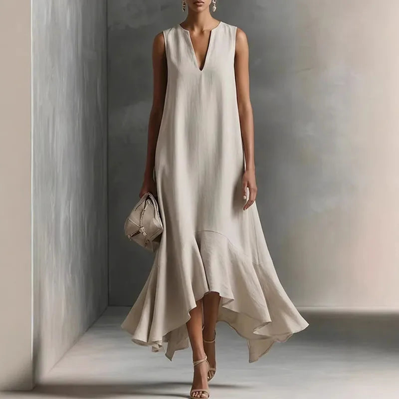 Deep V-neck ruffle hem flowy sundress in hemp