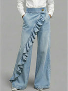 Asymmetrical ruffle detail wide leg jean in light  blue