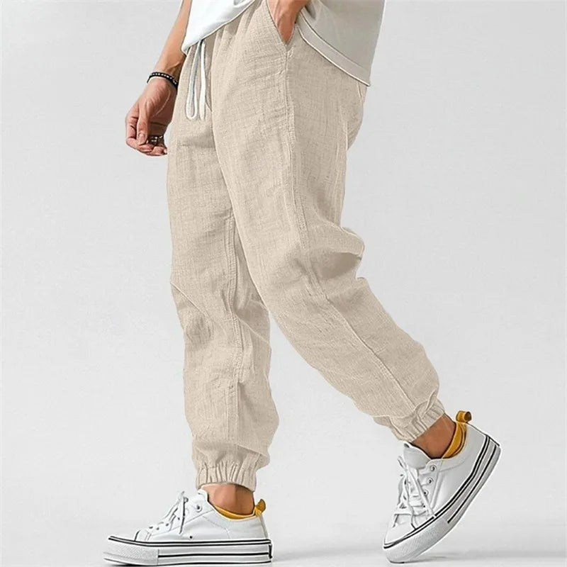 Tapered linen blend drawstring jogger pant in beige