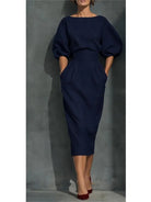 Pleated wrap midi dress with side pockets in navy blue