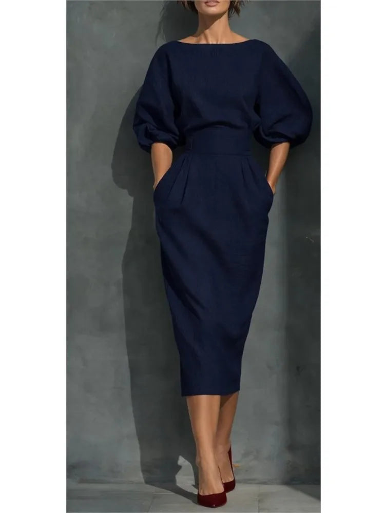 Pleated wrap midi dress with side pockets in navy blue