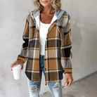 Fall Brushed Plaid Hooded Button Front Shirt Jacket for Women in Brown