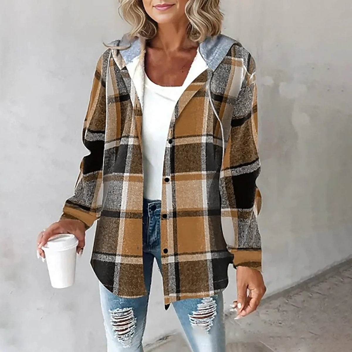 Fall Brushed Plaid Hooded Button Front Shirt Jacket for Women in Brown