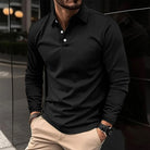 Fall Slim Fit Long Sleeve Button Polo Shirt for Men in Black